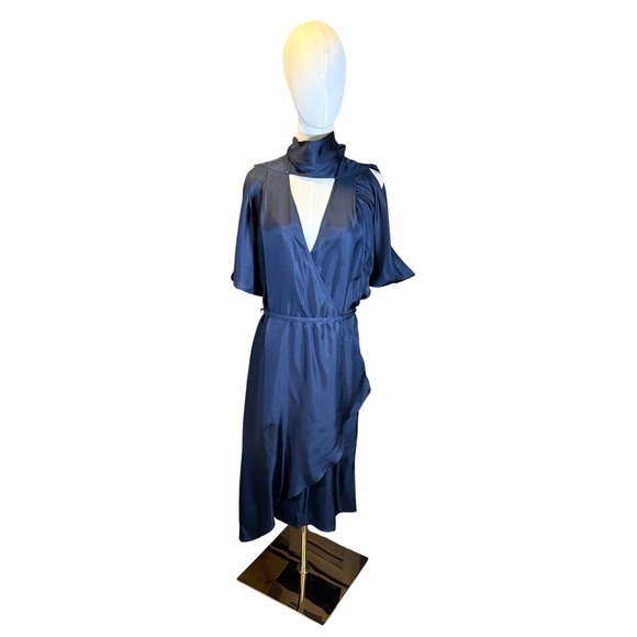 Raoul Dresses & Skirts - RAOUL Navy Blue Satin Wrap Top Midi Dress with Tie Neck Sz 6